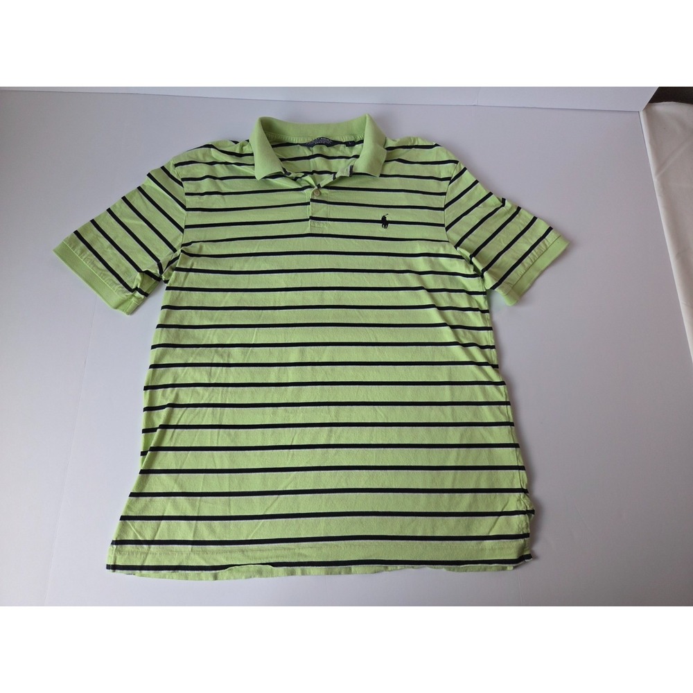 Polo Golf Shirt Mens Large Green Blue Striped Pima Cotton Soft Pro Fit Stretch